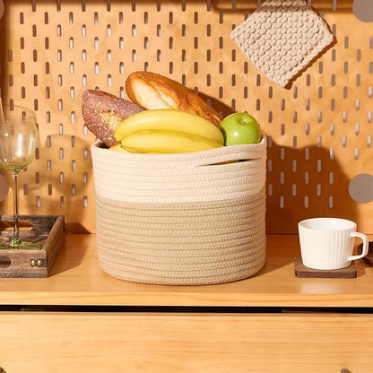 MiniArk Small Basket for Organizing | Cube Shelf Closet Storage Baskets | 9.7×9.7×7.1” | Woven Rope Gift Basket | Nursery | Round 3 Packs Tan