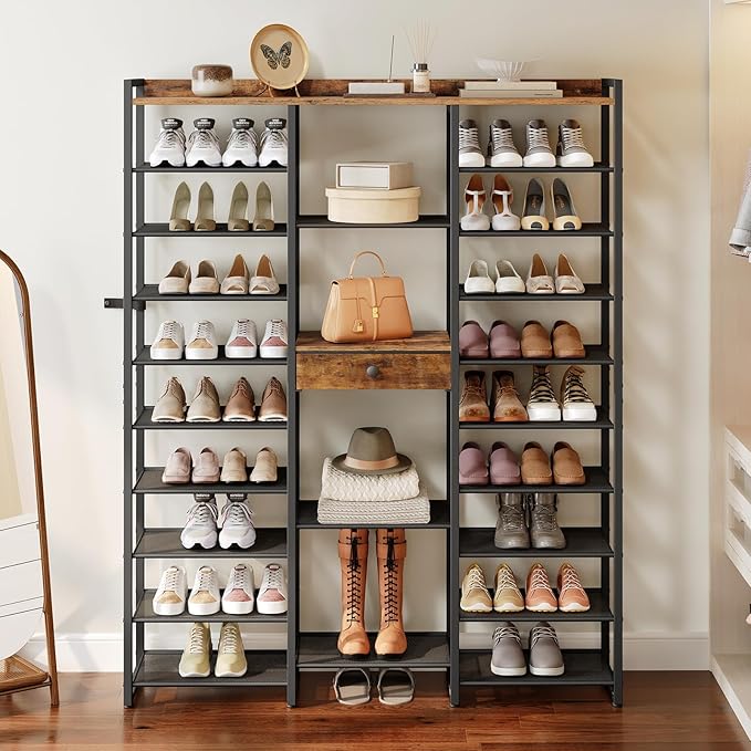 HOOBRO Shoe Rack, 10-Tier Large Capacity Shoe Storage Organizer with Metal Shelves, 63" H Shoe Shelf for Front Door Entrance, Closet, Holds 50-52 Pairs of Shoes, Rustic Brown