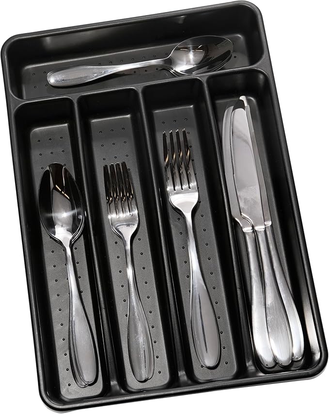 madesmart Small Silverware Tray, Compact 5 Compartment Flatware Organizer for Forks, Knives & Spoons, Non Slip, Soft Grip Lining, Fits Small Drawers, Carbon