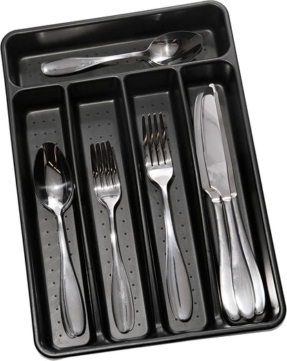 madesmart Small Silverware Tray, Compact 5 Compartment Flatware Organizer for Forks, Knives & Spoons, Non Slip, Soft Grip Lining, Fits Small Drawers, Carbon