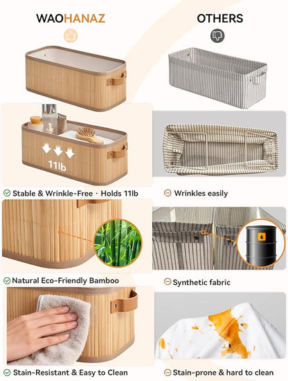 Narrow Storage Bins, Small Basket for Closet and Shelves, Bamboo Toilet Paper Storage Organizer with Handles for Countertop-Bathroom-Home Decor, 2-Pack