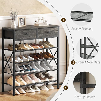 YATINEY 5 Tier Shoe Rack, Large Capacity Shoe Storage Organizer, Metal Shoe Shelf with Drawer and Wooden Top, for 20 Pairs of Shoes, for Entryway, Closet, Charcoal and Black SS25BCY1