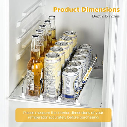 OTraki Drink Organizer for Fridge, 3 Rows Soda Can Drink Dispenser for Refrigerator Space-Saving Can Holders Dispenser with Automatic Pusher Glide and Adjustable Width, Hold up to 15 Cans, Clear