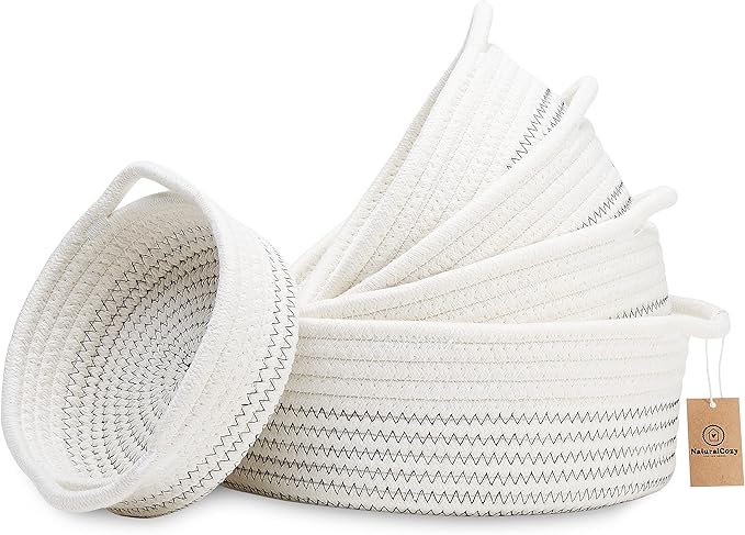 NaturalCozy 5-Piece Round Small Woven Baskets Set– Cotton Rope Baskets for Organizing! Montessori Toys, Fruits Remotes Key Tray Bowl for Entryway Desk, Shallow Catchall Home Décor, Cat Dog Bin Gift