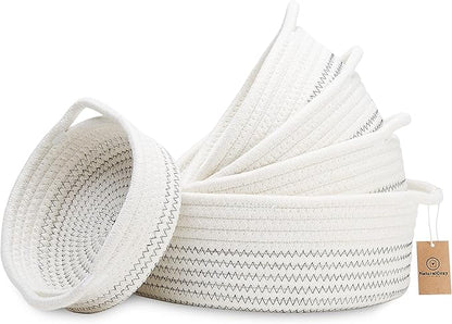 NaturalCozy 5-Piece Round Small Woven Baskets Set– Cotton Rope Baskets for Organizing! Montessori Toys, Fruits Remotes Key Tray Bowl for Entryway Desk, Shallow Catchall Home Décor, Cat Dog Bin Gift