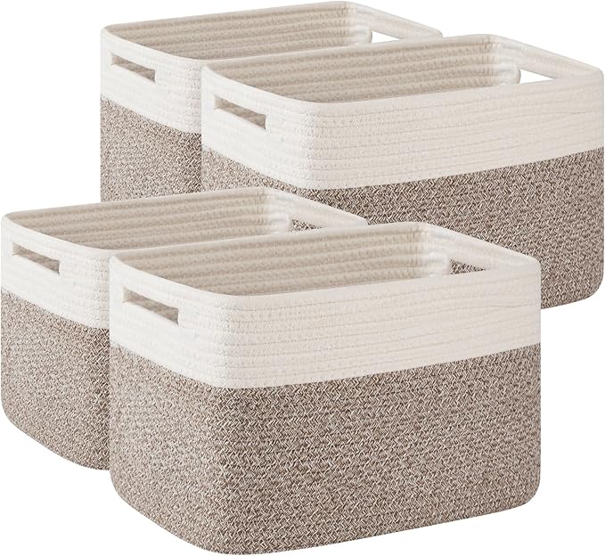 OIAHOMY 4 Pack Storage Baskets for Organizing, Basket for Shelves with Handle, Woven Baskets for Storage Toys, Towels, Books, Cotton Rope Basket 13" L x 9 " W x 7.8 " H, Deep Brown & White