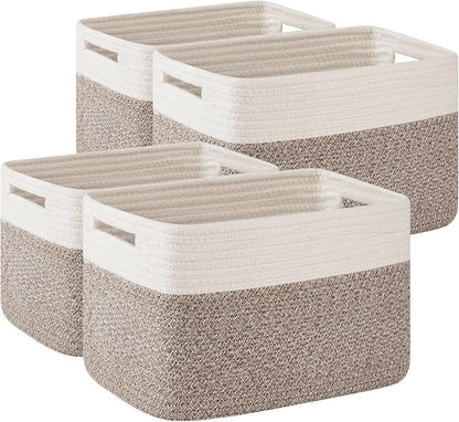 OIAHOMY 4 Pack Storage Baskets for Organizing, Basket for Shelves with Handle, Woven Baskets for Storage Toys, Towels, Books, Cotton Rope Basket 13" L x 9 " W x 7.8 " H, Deep Brown & White