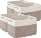 OIAHOMY 4 Pack Storage Baskets for Organizing, Basket for Shelves with Handle, Woven Baskets for Storage Toys, Towels, Books, Cotton Rope Basket 13" L x 9 " W x 7.8 " H, Deep Brown & White