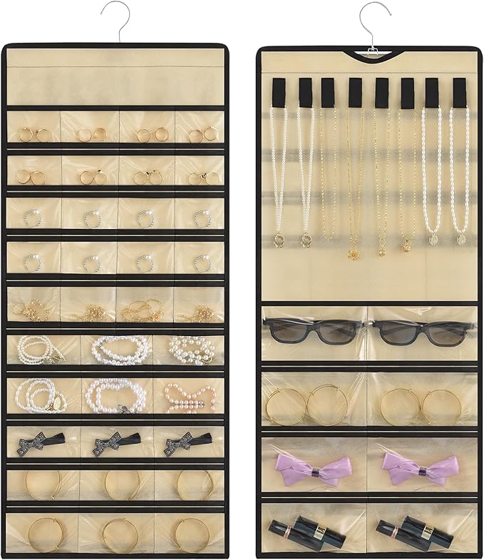 Hanging Jewelry Organizer – Jewelry Holder for Earrings, Necklaces, Rings – Closet Hanging Organizer & Travel hanging Jewelry Organizers for Women, Wall or Door Use, Day Gifts (Beige)