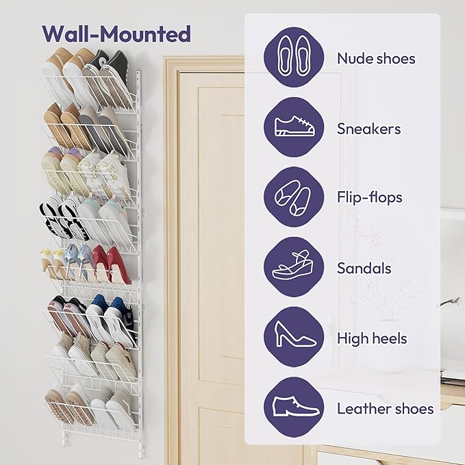 SWTYMIKI Over the Door Shoe Organizer - Adjustable 8 Tier Hanging Shoe Rack Organizer, Metal Heavy Duty Behind Door Storage or Wall Mount Shoes Shelf for Flats, Heels, Sneakers, Boots, White