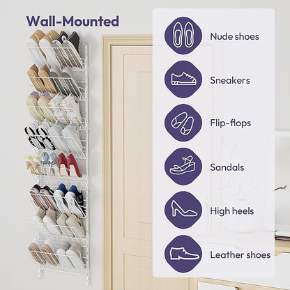 SWTYMIKI Over the Door Shoe Organizer - Adjustable 8 Tier Hanging Shoe Rack Organizer, Metal Heavy Duty Behind Door Storage or Wall Mount Shoes Shelf for Flats, Heels, Sneakers, Boots, White