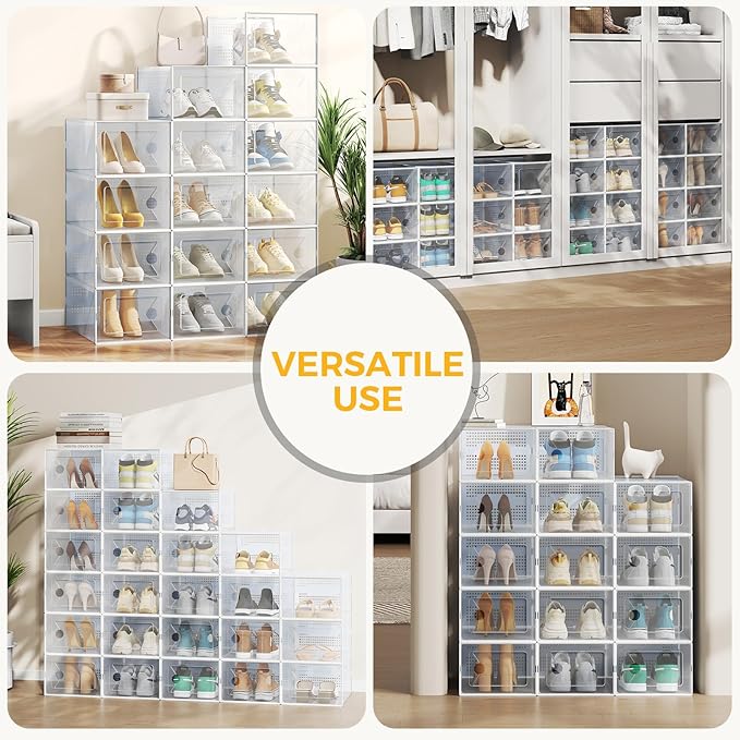 NEWBULIG 30 Clear Shoe Storage Boxes, Shoe Organizer for Closet with Lid, Plastic Stackable Breathable Shoe Cabinet with Lid for Sneakers, Heels & Boots, White