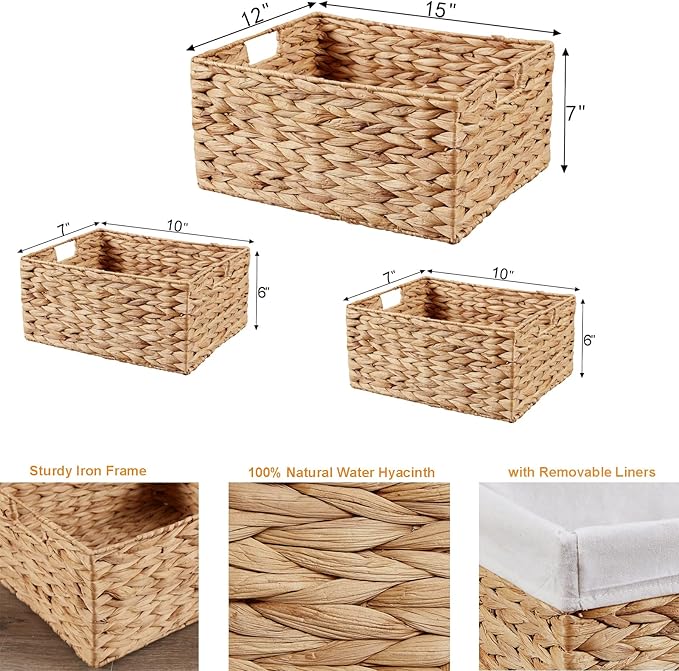Vagusicc Wicker Basket, 3-Pack Water Hyacinth Wicker Storage Basket with Handles, Storage Baskets for Organizing, Large Hyacinth Storage Baskets for Shelves with Liner (Water Hyacinth Baskets Set)