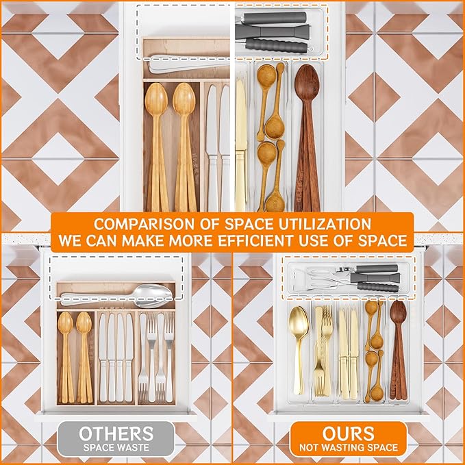 Yieach Clear Large Silverware Organizer 12 inch Wide for Kitchen Drawers,BPA Free Silverware Trays,Plastic Silverware Dividers & Holder,Utensil and Flatware Drawer Organizer Suitable for Fork,Spoon