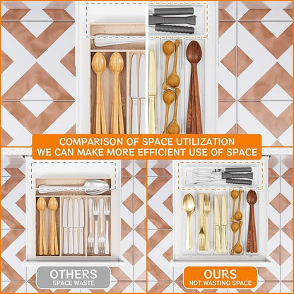 Yieach Clear Large Silverware Organizer 12 inch Wide for Kitchen Drawers,BPA Free Silverware Trays,Plastic Silverware Dividers & Holder,Utensil and Flatware Drawer Organizer Suitable for Fork,Spoon