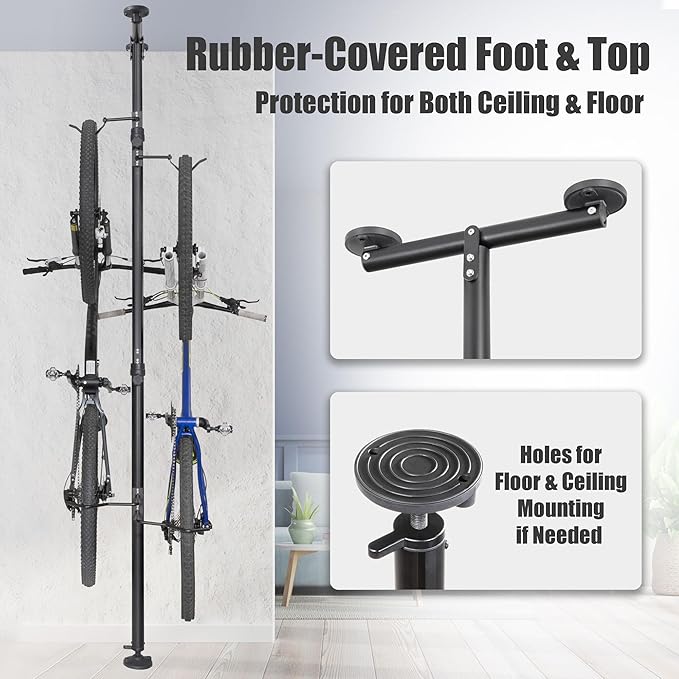 CyclingDeal Floor to Ceiling 2 Bike Storage Stand | Adjustable Aluminum Dual Hanger Pole Rack with Gravity Hooks & Locking Mechanism | Extends 5ft to 10ft | No-Drill Indoor Garage Apartment