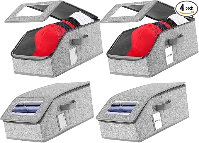 VZZNN Stackable Hat Organizer for Baseball Caps - Holds 12 Caps, Clear View Lid, Space Saving Closet Storage (Set of 4, Breathable Fabric)