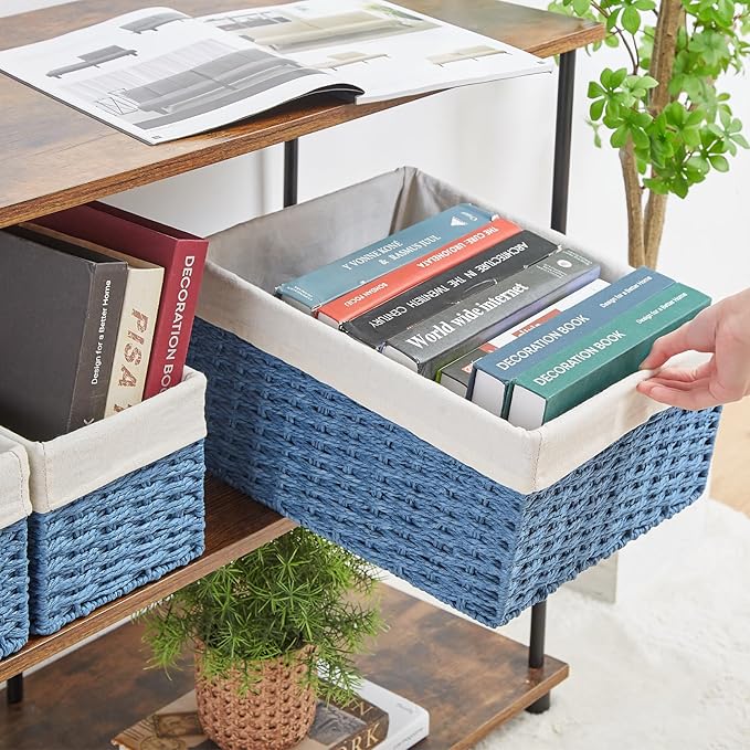 Vagusicc Wicker Basket, Set of 3 Hand-woven Storage Baskets for Organizing, Rectangle Wicker Storage Basket Bins with Handles, Small Toilet Paper Storage Baskets for Shelves & Decor, Blue