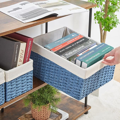 Vagusicc Wicker Basket, Set of 3 Hand-woven Storage Baskets for Organizing, Rectangle Wicker Storage Basket Bins with Handles, Small Toilet Paper Storage Baskets for Shelves & Decor, Blue