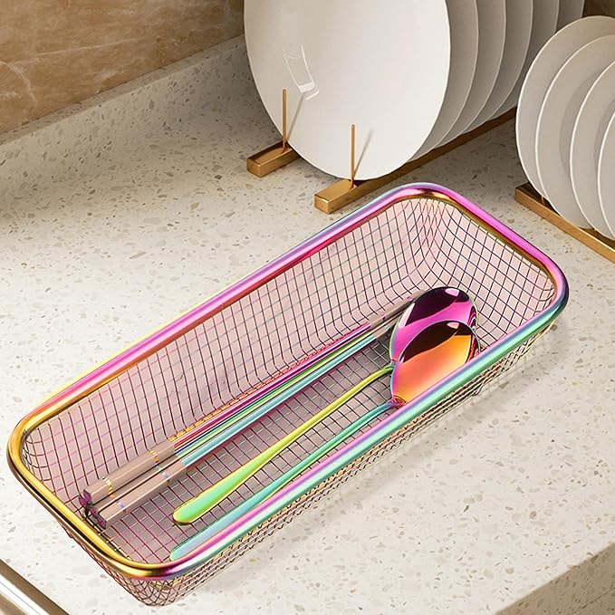 Silverware Drawer Organizer, Rainbow Mesh Kitchen Drawer Organizers, Iridescent Stackable Storage Basket Metal Utensil Holder for Flatware, 12.5"x5"x2.5", Pack of 2