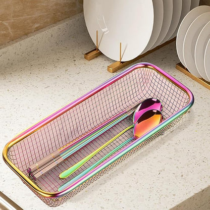 Silverware Drawer Organizer, Rainbow Mesh Kitchen Drawer Organizers, Iridescent Stackable Storage Basket Metal Utensil Holder for Flatware, 12.5"x5"x2.5", Pack of 2