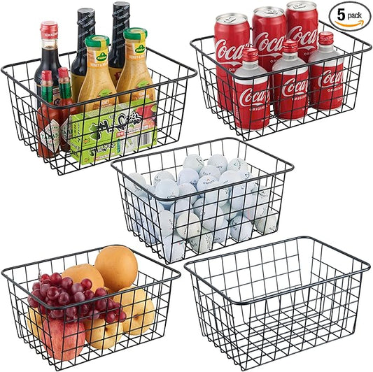 JUNCHU CHERRY Wire Kitchen Storage Basket 5 Packs,Perfect Pantry Organization Accessories Basket,Laundry,Countertop Organization,Suitable for Kitchen,Bathroom,Bedroom,Tabletop,Stackable,Black