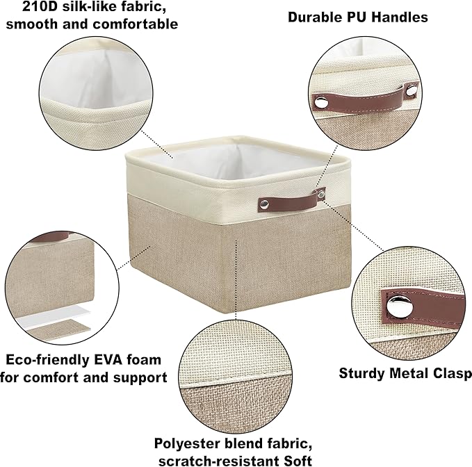 Simple Houseware 15" x 11" Large Fabric Storage Bin for Closet and Shelves, Leather Like Handles, 3 Pack, Beige