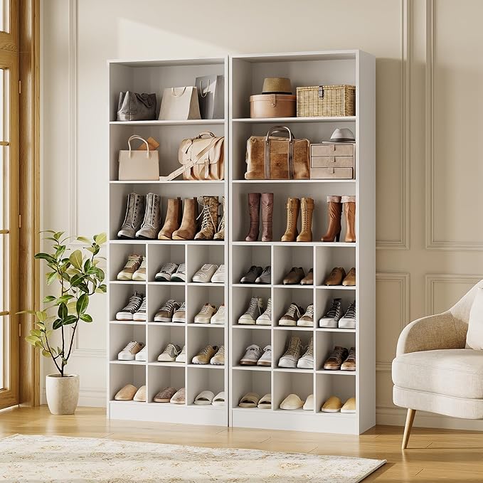 LITTLE TREE Tall Shoe Cabinet, Free Standing 24-Pair Organizer, 7-Tier Shelf + Side Hooks, Space-Saving Storage for Entryway, Hallway, for Shoes, Boots & Accessories, (2, White)