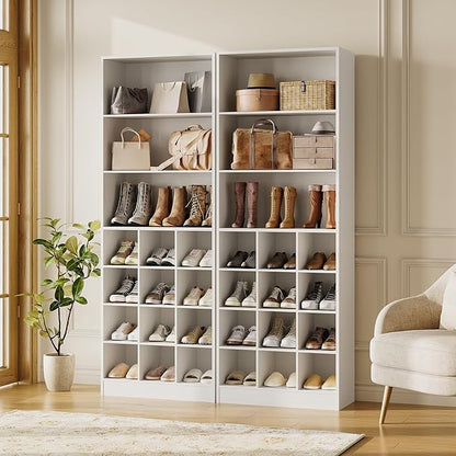 LITTLE TREE Tall Shoe Cabinet Storage, 7-Tier Wood Shoe Rack Organizer, Freestanding 24-Pairs Shoe Shelf for Entryway, Living Room, with 3 Adjustable Side Hooks (White)