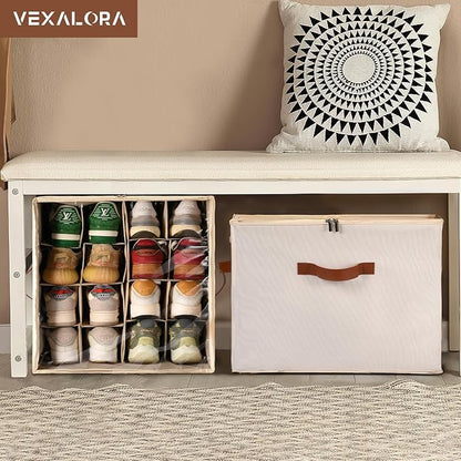 Shoe Organizer for Closet, 3 Pack Shoe Storage Bins with Clear Cover, Adjustable Dividers Fits 24-48 Pairs, Beige