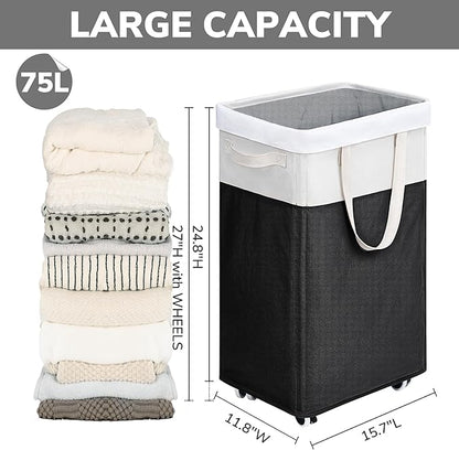 Goodpick Hamper with Wheels 75L 2-Pack, Tall Laundry Basket with Removable Wash Bags, Rolling Black Laundry Hamper for Corner Dorm, Large Collapsible Laundry Baskets