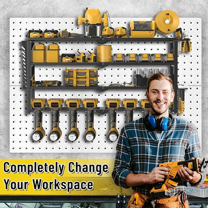 Heavy Duty Power Tool Organizer Wall Mount, Cordless Drill Hanger Storage Rack, Battery Tool Holder Utility Rack with Side Wrench Rack for Garage Workshop-32 Inch 8 Slots