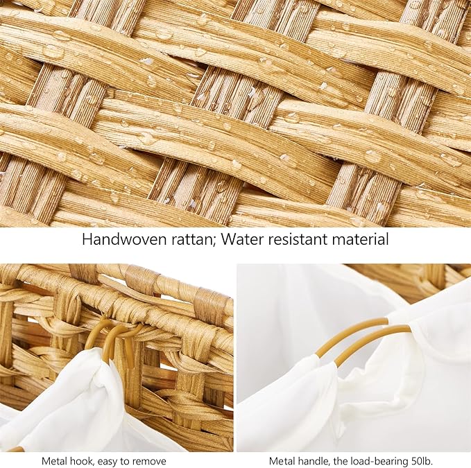 Laundry Hamper with 3 Removable Liner Bags; 132L Handwoven Rattan Laundry Basket with Lid & Heightened Feet; Clothes Hamper with Side Handles; Laundry Sorter with 3 Separate Sections