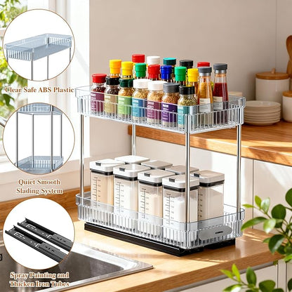 DABIGE 3 Pack Pull Out Spice Rack Organizer for Cabinet, 2 Tier Slide Out Spice Racks Organizer, Spice Cabinet Organizers, Cabinet Size Need:12'' High x 11'' Deep x 5'' Wide, Clear Acrylic