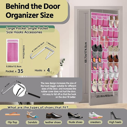 PAULONE 35 Pocket Over the Door Shoe Organizer,Reusable Breathable Large Mesh Bag Men's & Women's Sneaker Organizer,Shoe Organizer for Kids,Hanging Shoe Storage Hanging Bag (Pink)