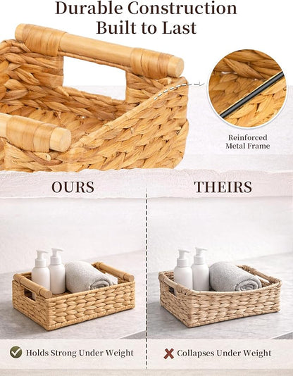 Water Hyacinth Wicker Basket, 10.24*7.87*3.94 Inch Woven Basket with Handles, Wooden Handles Wicker Storage Basket, Rattan Basket for Decorative Baskets, Pantry, Shelves, Gift, Toys - Small