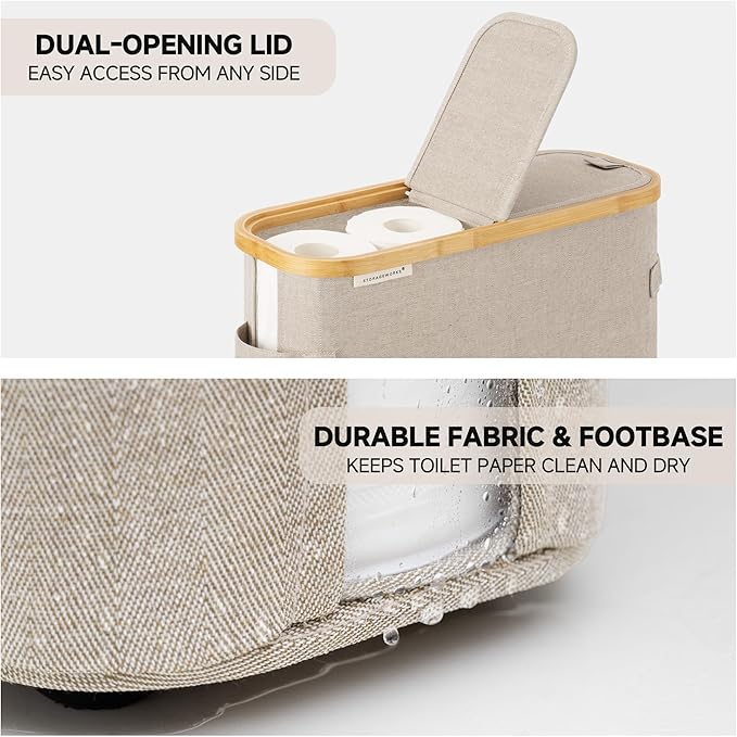 StorageWorks Toilet Paper Storage Baskets with Dual Flip Lids, Toilet Paper Organizer for Bathroom, Toilet Paper Container with Side Pocket, Holds 9 Mega or 12 Regular Rolls, Medium, Light Khaki