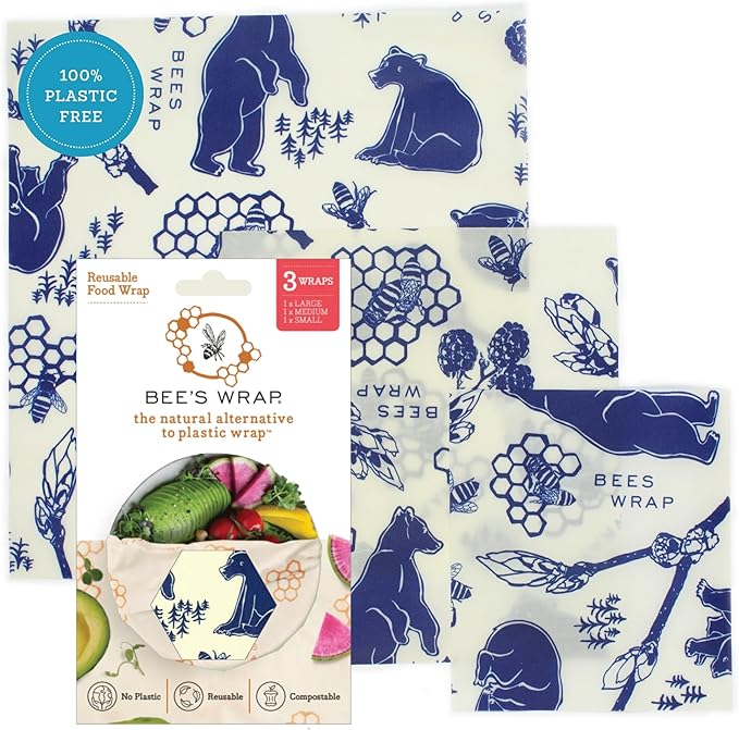 Bee's Wrap Beeswax Wraps for Food - 3 Pack of Assorted Beeswax Wraps - Small, Medium & Large Wrap - Plastic Free Made in USA Reusable Natural Food Wrap - Bees & Bears Print