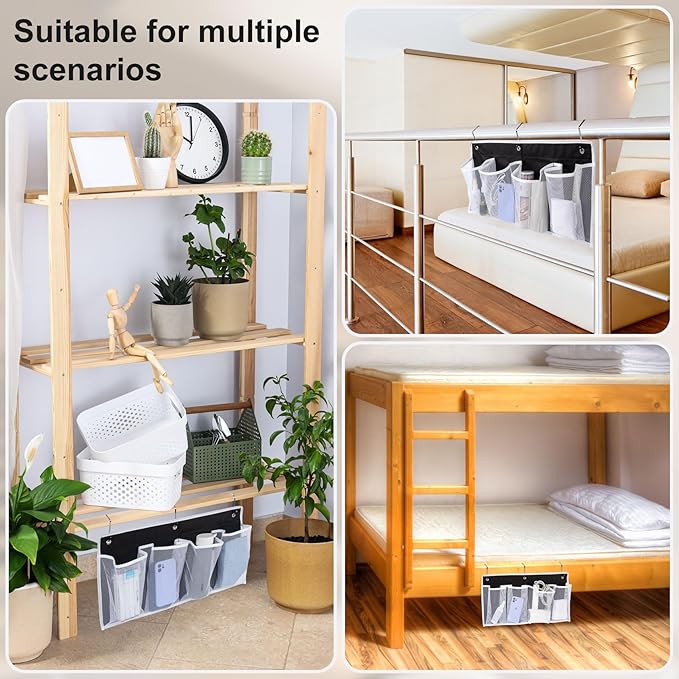Pndeyo Bed Hanging Shoe Organizers with 3pcs Hooks, 4 Mesh Pocket Bedside Hanging Shoes Holder, Behind Door Storage Pockets for RV Dorm Entryway Bedroom Closet