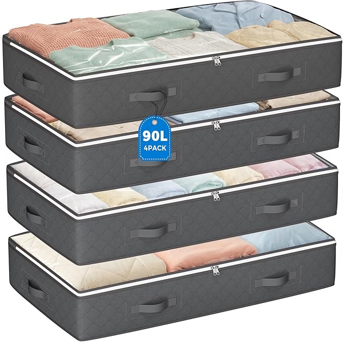 Budding Joy 90L Under Bed Storage Containers, Closet Organizers and Storage Bins, Foldable Underbed Storage Bags for Linen Sheets, Blanket, Clothing, Comforter, Sweaters, Pillows, Wrapping Paper, Grey