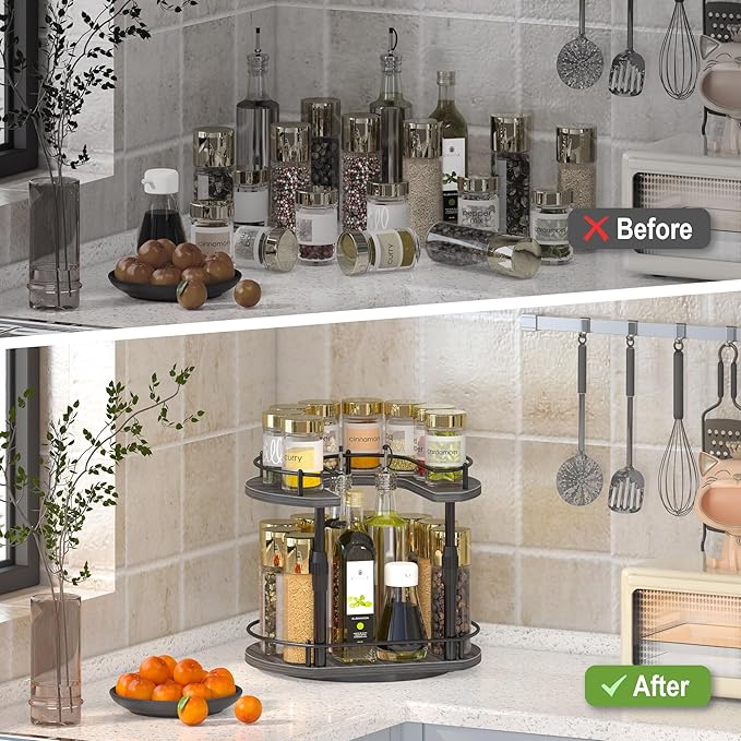 Across-Star Lazy-Susan-Spice-Rack -Organizer For Cabinet With Adjustable Height, 12 inch Rotating Seasoning Holder Spice Organization For Pantry, 2-Tier Kitchen Counter Shelf Countertop Organizer