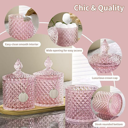 3Pack Pink Glass Qtip Holder Set with Bamboo Tray - 10oz Diamond-Facet Apothecary Jars with Lids - Bathroom Canisters for Cotton Swabs, Balls, Pads & Floss Picks - Vanity Storage Organizer