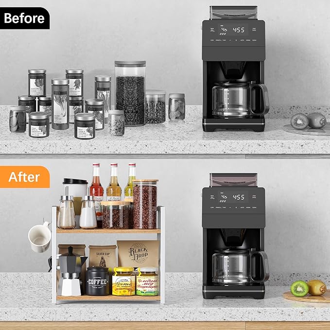 RUILALIFE Spice-Rack-Organizer-Shelf for Kitchen Counter, 2 Tiers Coffee Bar Station Organizer for Countertop，Space Saving Desk Shelving Riser Unit (Maple, Medium)