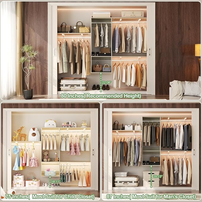 96 Hanging Closet System with 2 Wooden Drawers, 75"–87" Height Adjustable Closet Organizer System with Tower, 4-8FT Custom Closet Shelving System, Wall-Mounted Walk-In Closets Wardrobe, White Oak