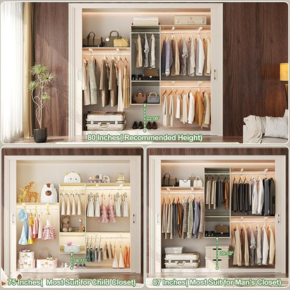 96 Hanging Closet System with 2 Wooden Drawers, 75"–87" Height Adjustable Closet Organizer System with Tower, 4-8FT Custom Closet Shelving System, Wall-Mounted Walk-In Closets Wardrobe, White Oak