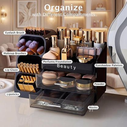 Makeup Organizer for Vanity with Brush Holder, Countertop Makeup organizer with Drawers for Skincare, Cosmetics, Perfumes, Eyeshadow Palettes, Spacious Cosmetic storage organizer