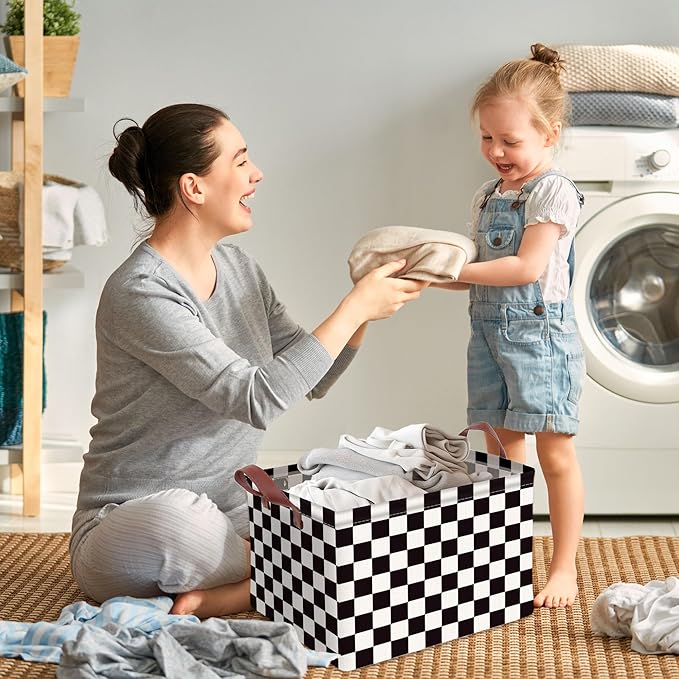 Checkered Storage Basket Waterproof Canvas Toy Storage Bin Race Car Room Decor Collapsible Outdoor Basket with Leather Handles Checkered Decor Car Blanket Baskets For Closets,Bedrooms,Gifts Baskets
