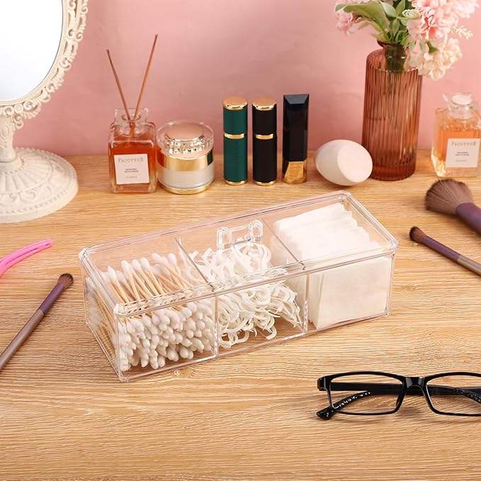 Qtip Holder Transparent 3 Compartments Cotton Ball and Swab Holder Organizer with Lid,Jar for Cotton Rounds,Bathroom Containers,Clear Acrylic Desk Organizer for Makeup Pads,Cosmetics Bedroom