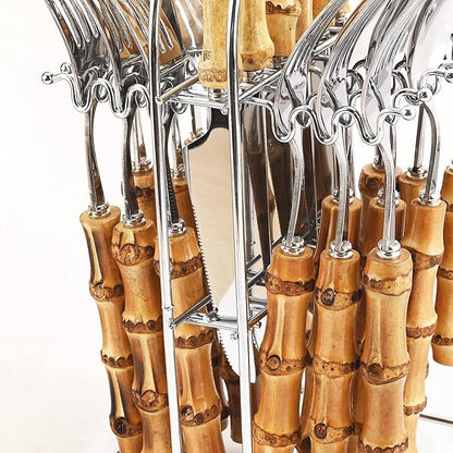24-Piece Bamboo Flatware Set, Silver Stainless Steel Tableware Set With Cutlery Holder, Kitchen Utensils For Home And Restaurant Daily Use, Mirror Polish, Service For 6