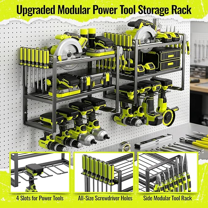 Power Tool Organizer Wall Mount 2 Pack, 4 Drill Holder, Garage Tool Storage and Organization Rack, Heavy Duty Wall Mounted Cordless Drill Organizer, Compatible with Ryobi Tools